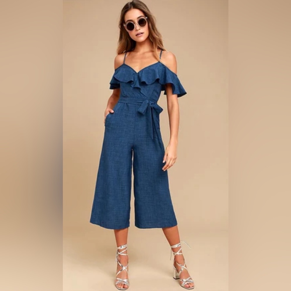 Lulu’s Lost in Love Dark Blue Off-the-Shoulder Midi Jumpsuit | Size XS